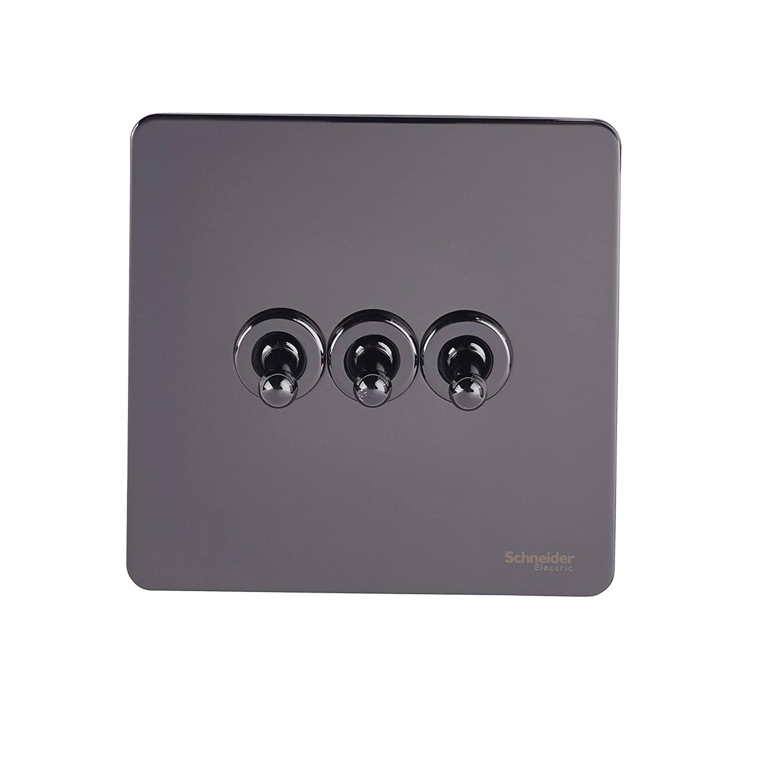 Schneider Electric Ultimate Screwless Flat Plate - 3 Gang Toggle 2 Way Light Switch, Single Pole, 16AX, GU1432TBN, Black Nickel