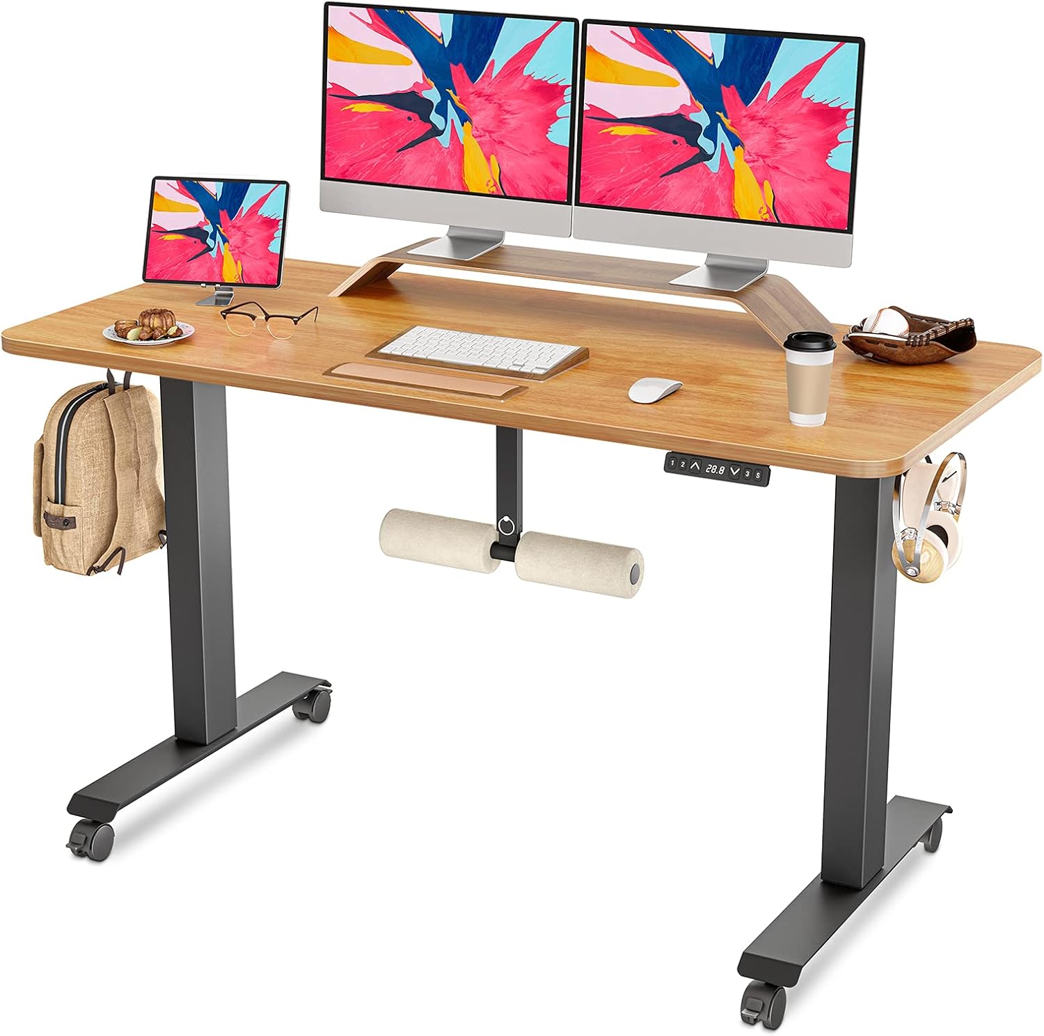 FAMISKY Standing Desk Dual Motors, Adjustable Height Electric Stand up Desk with Footrest, 55 x 24 Inches Sit Stand Home Office Desk, Ergonomic Workstation Black Steel Frame/Oak Wood Grain Top