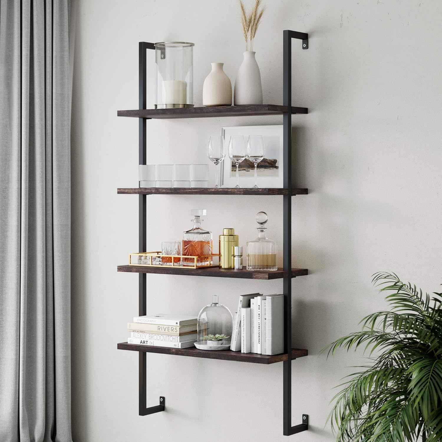 Nathan James Theo 5-Shelf Oak Wood Modern Bookcase, Open Wall Mount Ladder Bookshelf with Industrial Black Metal Frame