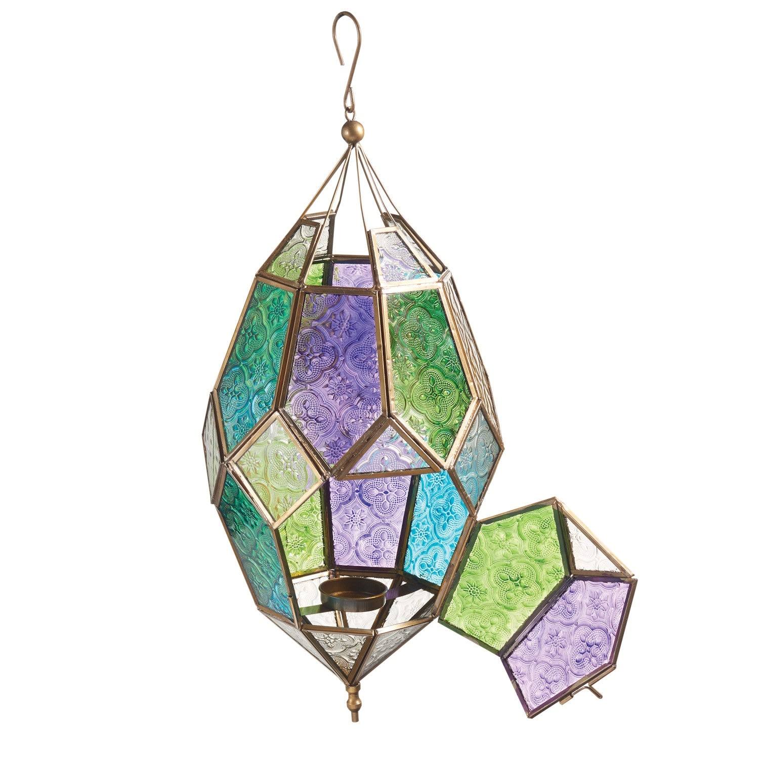 Art u0026 Artifact Moroccan Tea Light Candle Lantern - Hanging Jewel Tone Embossed Glass Panel Candle Holder - Medium