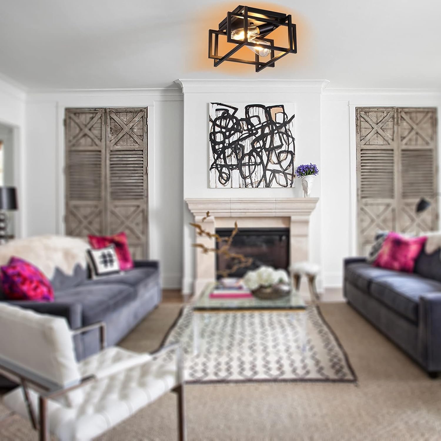 2-Light Industrial Ceiling Light Fixtures,Flush Mount Light Fixture Set of 2,Anti-Corrosive Dumb Black Farmhouse Light Fixtures for Hallway、Bedroom、Entry、Kitchen