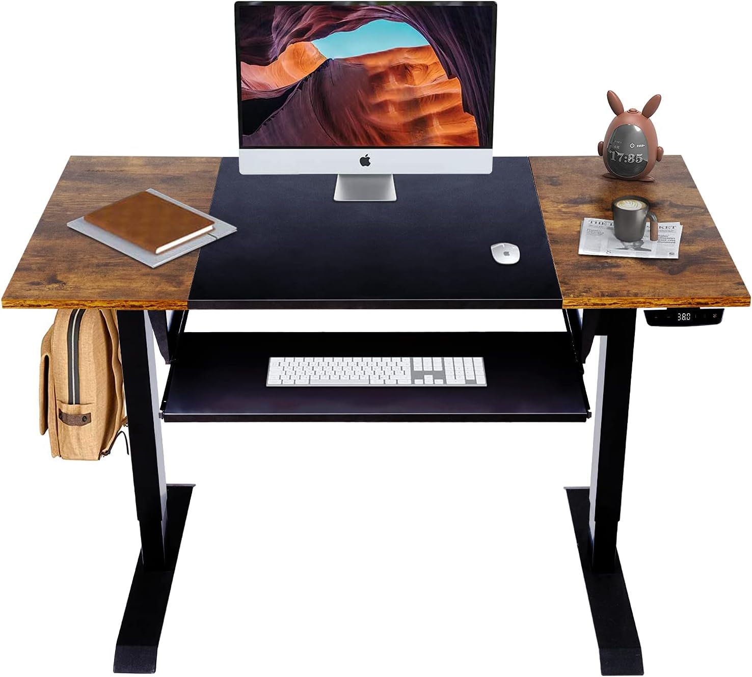 Electric Height Adjustable Standing Desk, Pataku Stand up Desk with Sliding Keyboard Tray and Memory Controller, 48 x 24 Inches Black/Rustic Brown Splice Board for Home Office Laptop Workstation