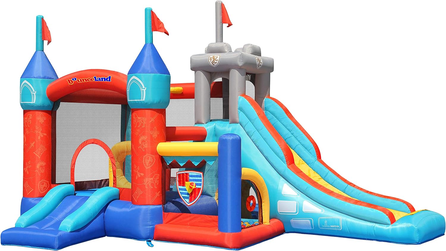 Bounceland Medieval Bounce Castle Bounce House with Slide & Ball Pit, Basketball Hoop and Ball Toss Game Included, Long Fun Slide, Obstacle Courts, Comes with UL Certified Blower Fun Party