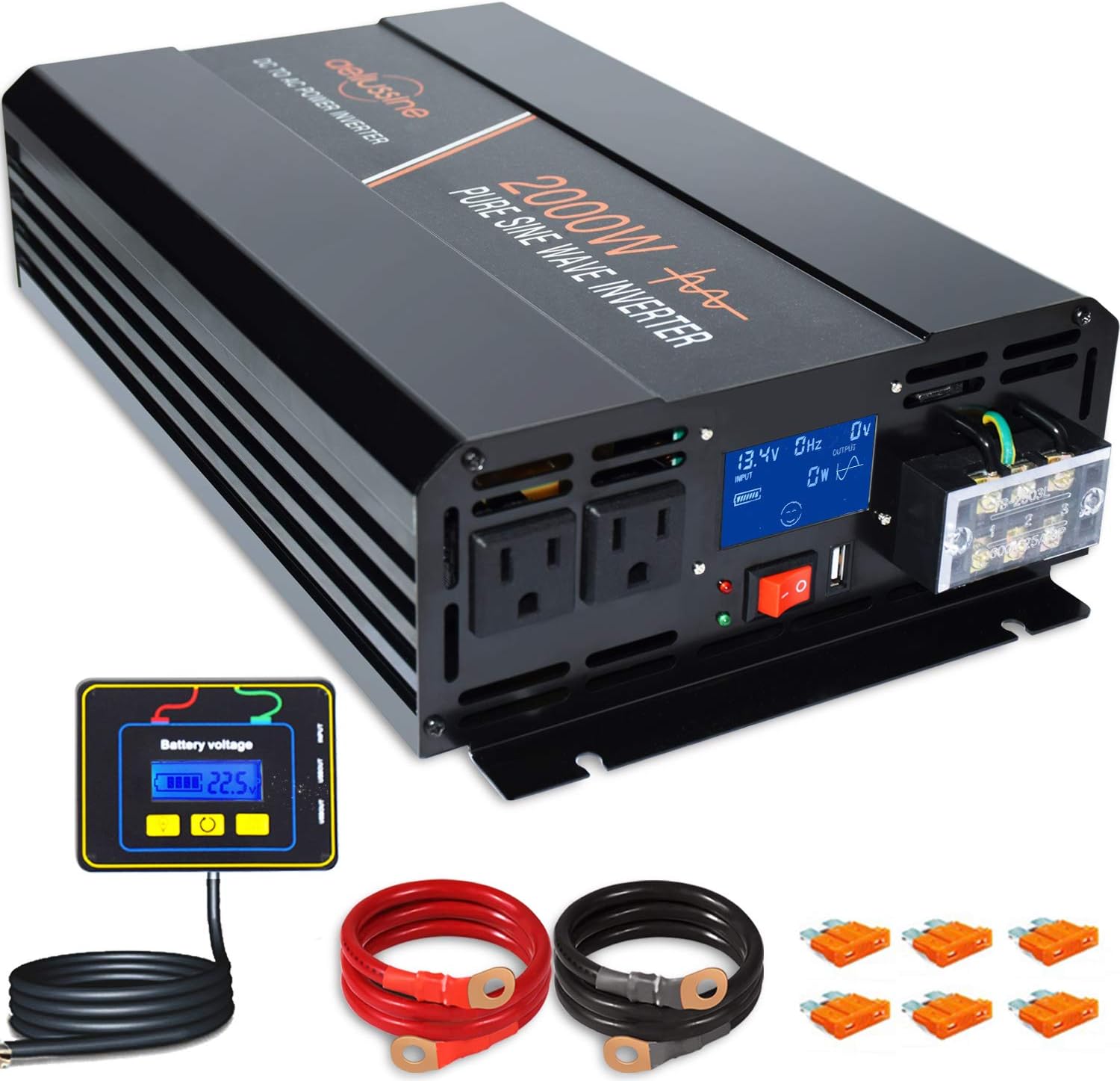 aeliussine 2000 watt Pure Sine Wave Inverter 12v dc to ac 120v with LCD Display with Remote Switch Power Inverter for Car Off Grid Solar Power System (2000W12V LCD)