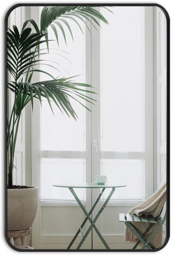 Mirror for Wall,20 x 28 Inches Vanity Mirror for Bathroom, Rectangular Mirror with Brushed Metal Frame Rounded Corner for Bedroom, Living Room, Horizontally or Vertically (Black)