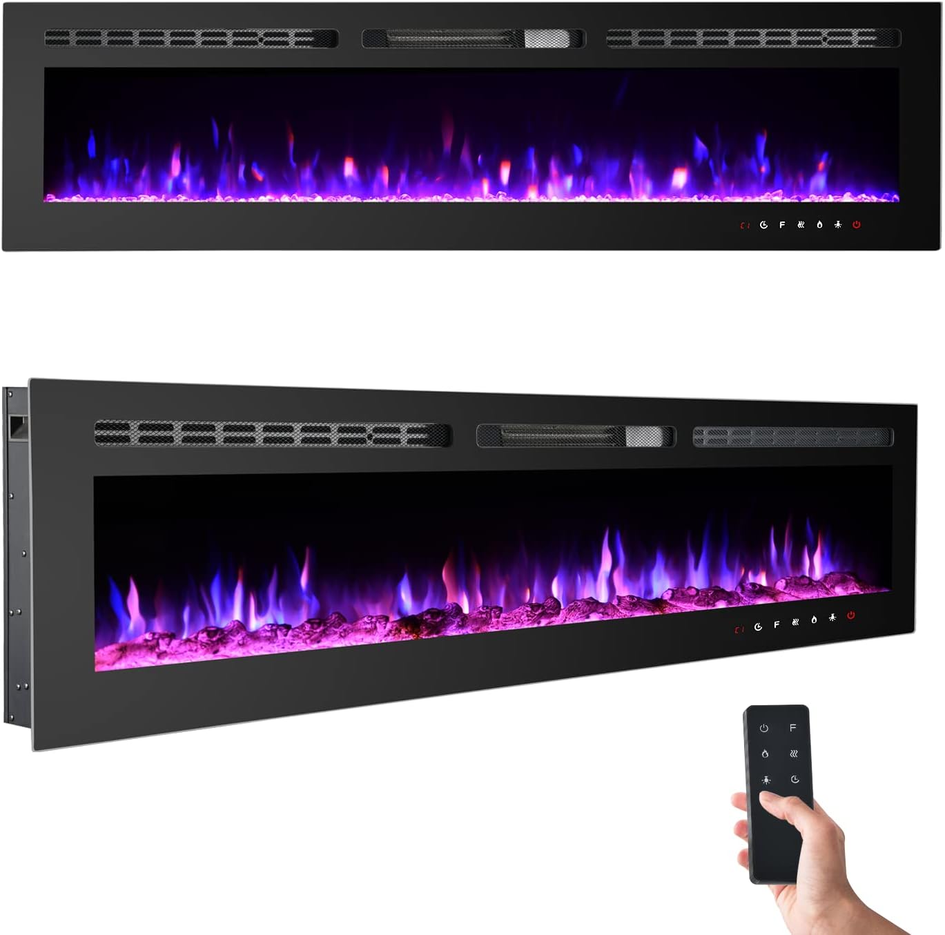 EROMMY 60 inch Electric Fireplace with Free Standing, Wall Mounted Fireplace Insert Heater with Remote Control&Touch Screen, Logs&Crystals, Recessed Electric Fireplace, 9 Color LED Flamer, 750/1500W