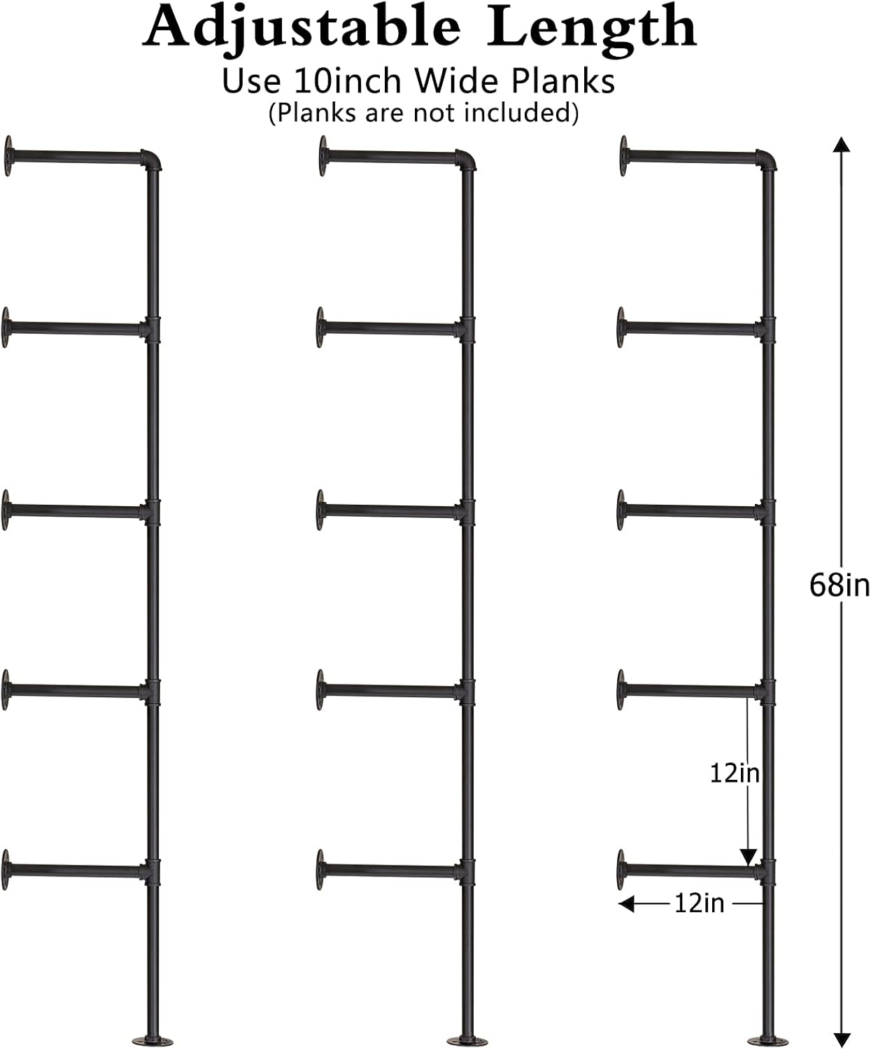 Pynsseu Industrial Iron Pipe Shelf Wall Mount, Farmhouse DIY Open Bookshelf, Pipe Shelves for Kitchen Bathroom, bookcases Living Room Storage, 3Pack of 5 Tier