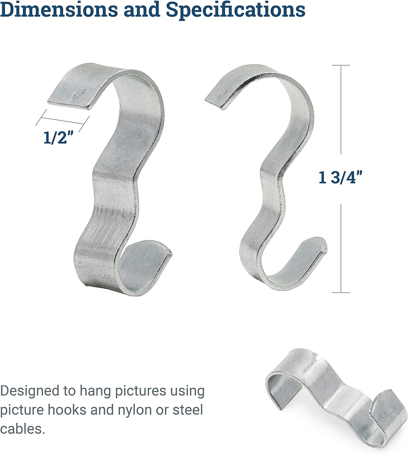 Picture Rail Hooks Silver Finish - 25 Pack - Picture Rail Hangers - Wide Molding Hooks