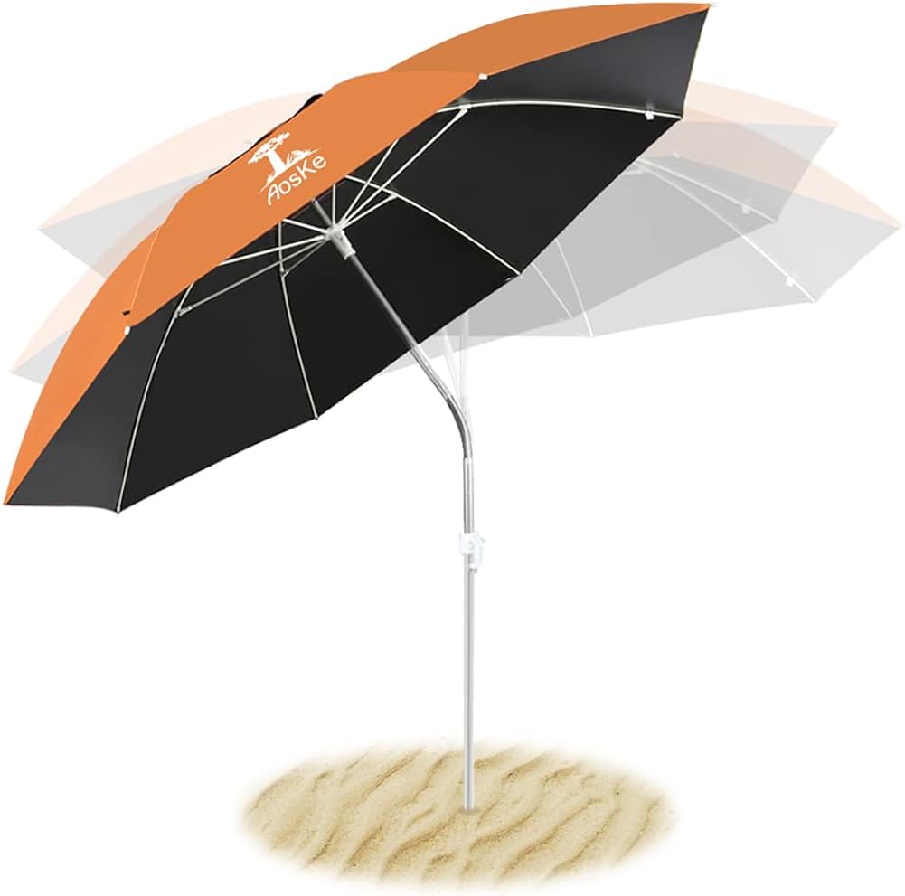 AosKe 6.5' Portable Beach Umbrella SPF 50+ with Sand Anchor, Tilt Pole, Carry Bag, Air Vent,Garden Umbrella with Height Lift Button for Beach and Sports Events and Outdoor activity-Orange