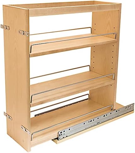 Base Cabinet Pullout Storage Organizer with Adjustable Wood Shelves and Chrome Rails and Mounting Door Brackets (5 1/4