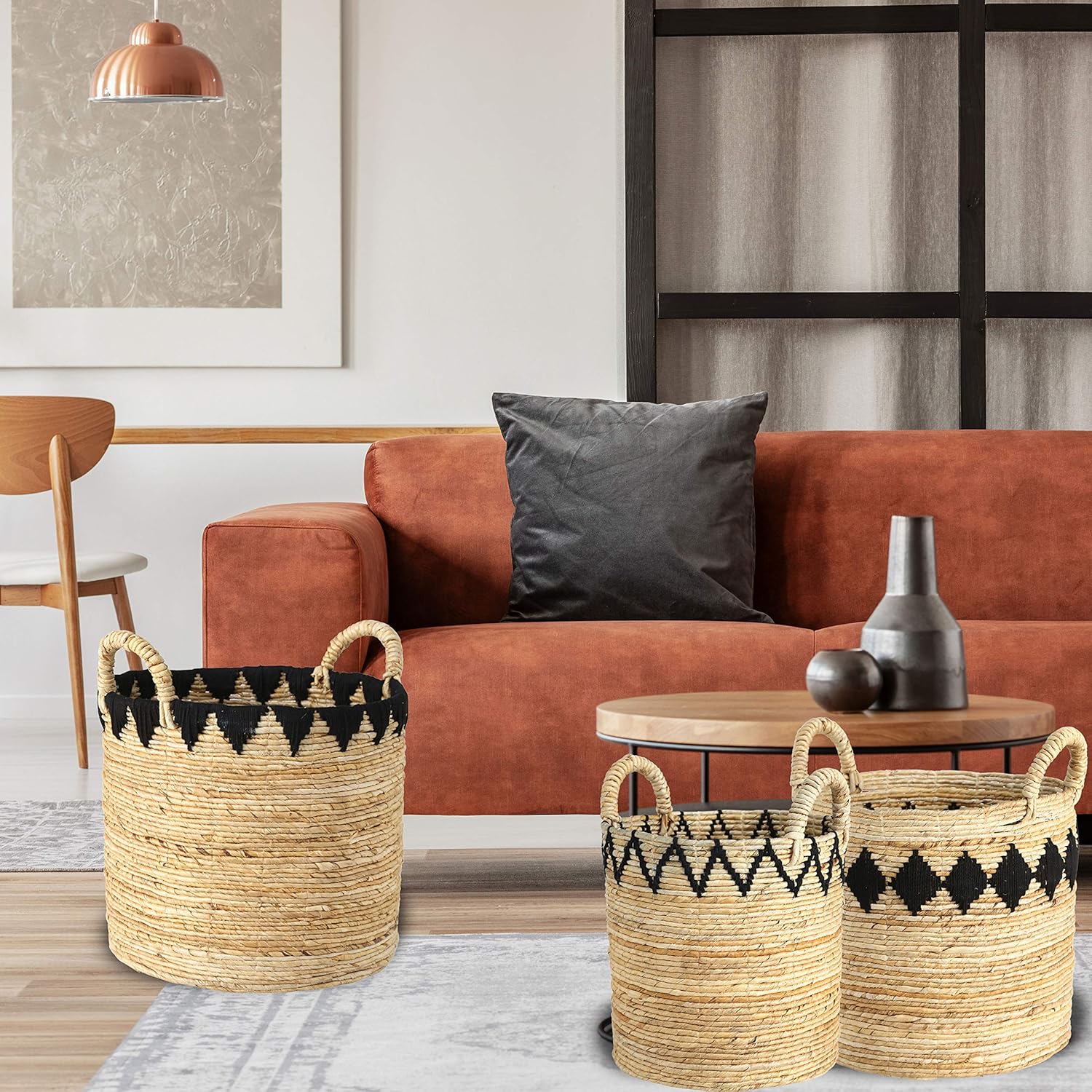 WHW Whole House Worlds Zig-Zag Border Baskets, Round, Black Yarn Details, Top Handles, Natural Rolled Chunk Sweater Weave, Set of 3, 17, 15 and 12.25 Inches, Organizers Storage Bins