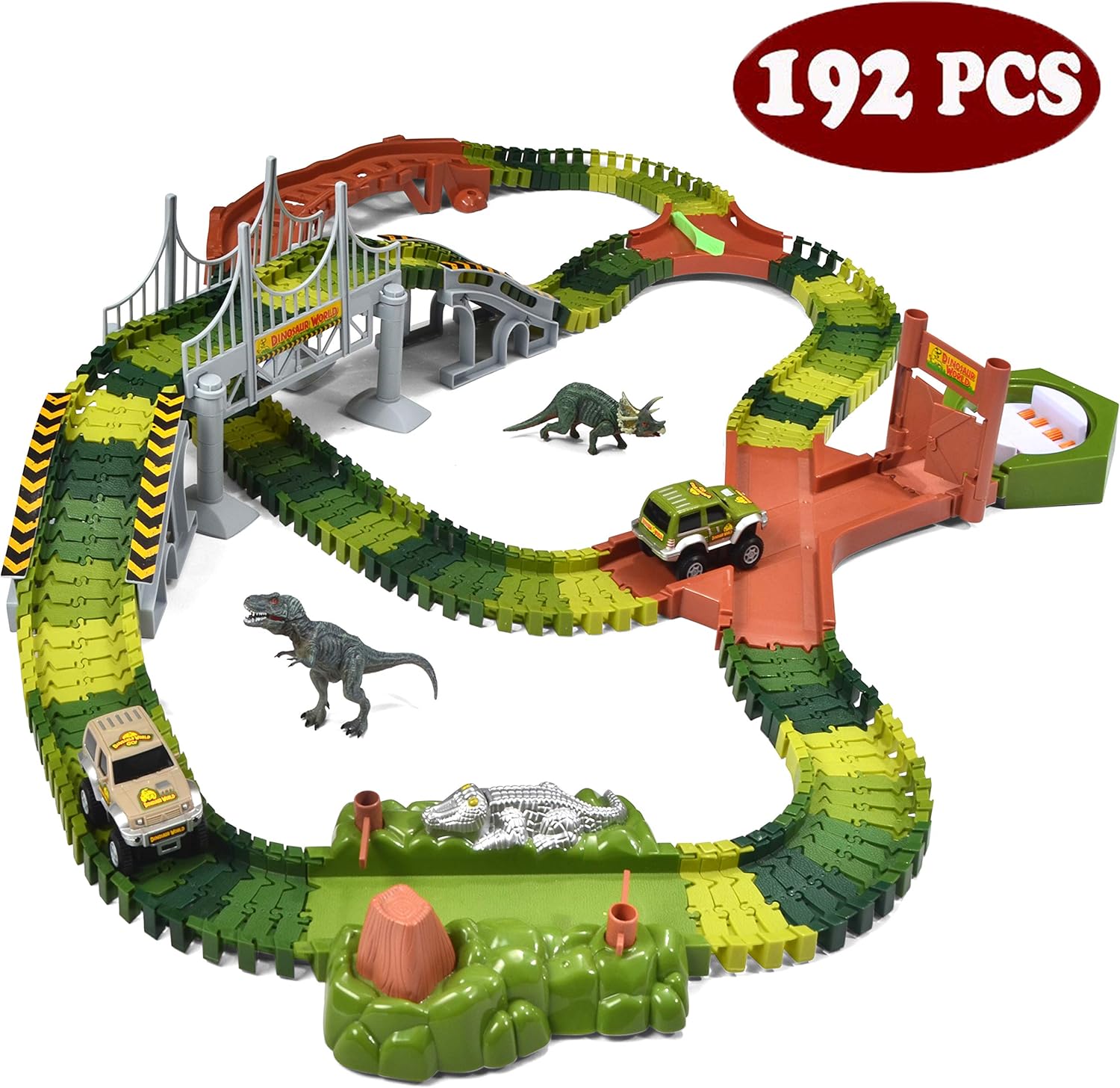 JOYIN Dinosaur Toys 192 Pieces Race Tracks Flexible Train Track Race Car Vehicle Playset with 2 Battery Powered Race Cars and 2 Dinosaur Figures (205 Pcs in Total)