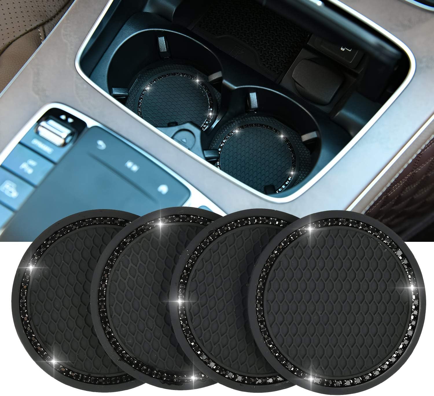 Valleycomfy 4PCS Bling Car Coasters, Universal Vehicle Bling Car Accessories -2.75 inch Silicone Anti Slip Crystal Rhinestone Cup Holder Coasters for Car (Black)