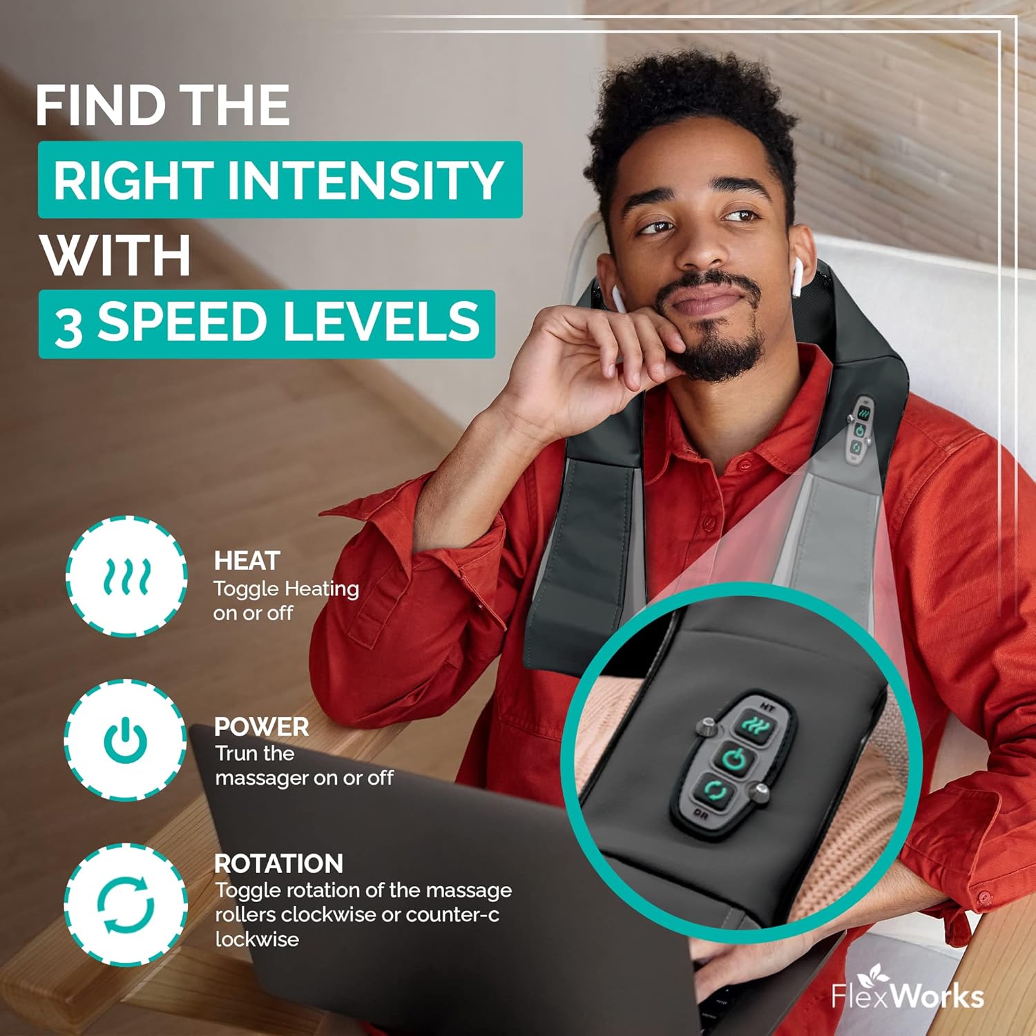 FlexWorks Shiatsu Neck Shoulder & Back Massager with Heat Deep Kneading Electric Massager for Neck Back Shoulder Foot & Body