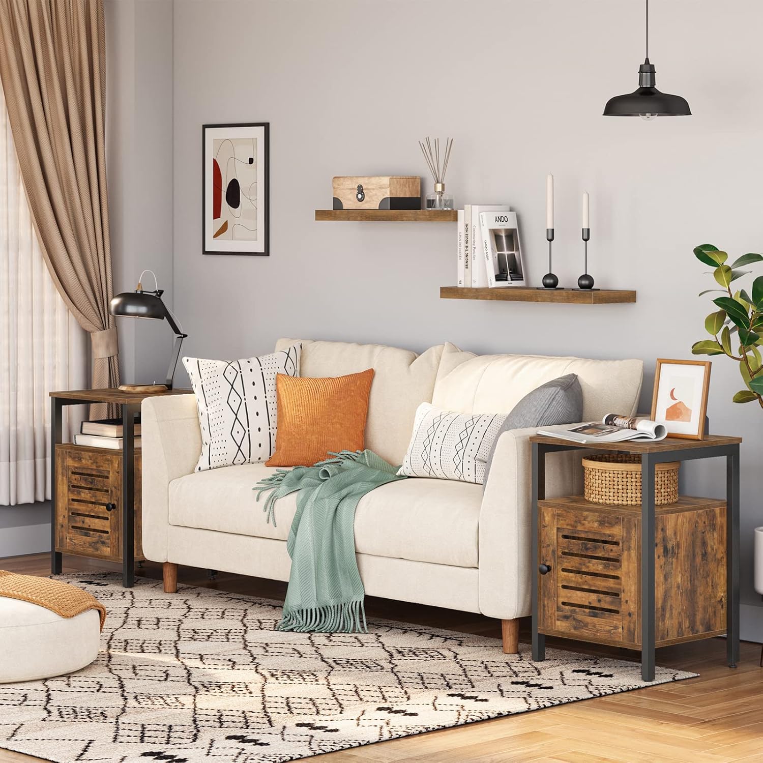 HOOBRO Nightstand Set of 2, Shutter End Table with Switchable Door and Inner Storage, Square Side Table, Wood Accent Industrial Sofa Storage Cabinet in Bedroom, Reception Room, Rustic Brown BF85BZP201