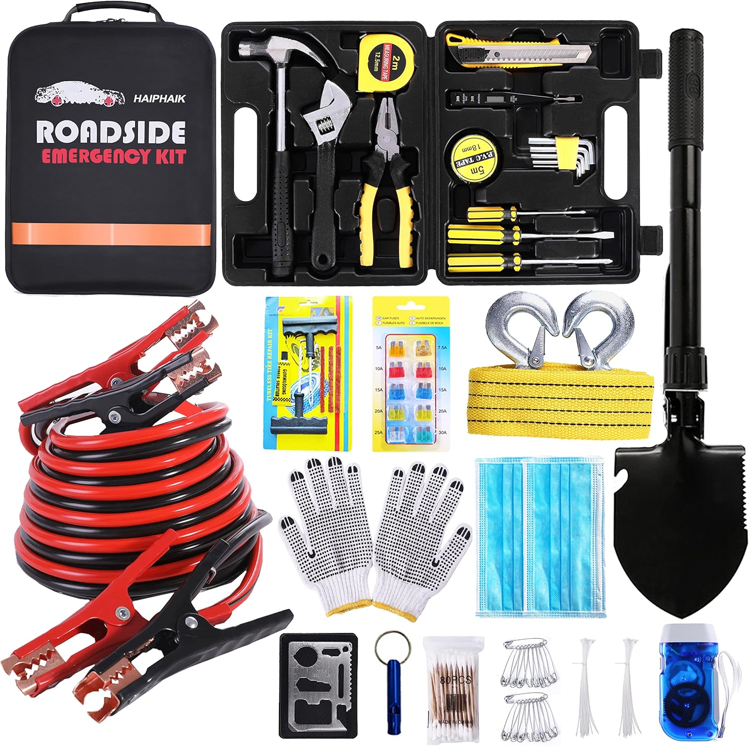 HAIPHAIK Emergency Roadside Kit - Multipurpose Emergency Pack Car Premium Road Kit Jumper Cables Set 11.8 Foot (Upgrade) 124 Pcs Emergency car Kits Car Tool kit,Tow Strap, Folding Survival Shovel