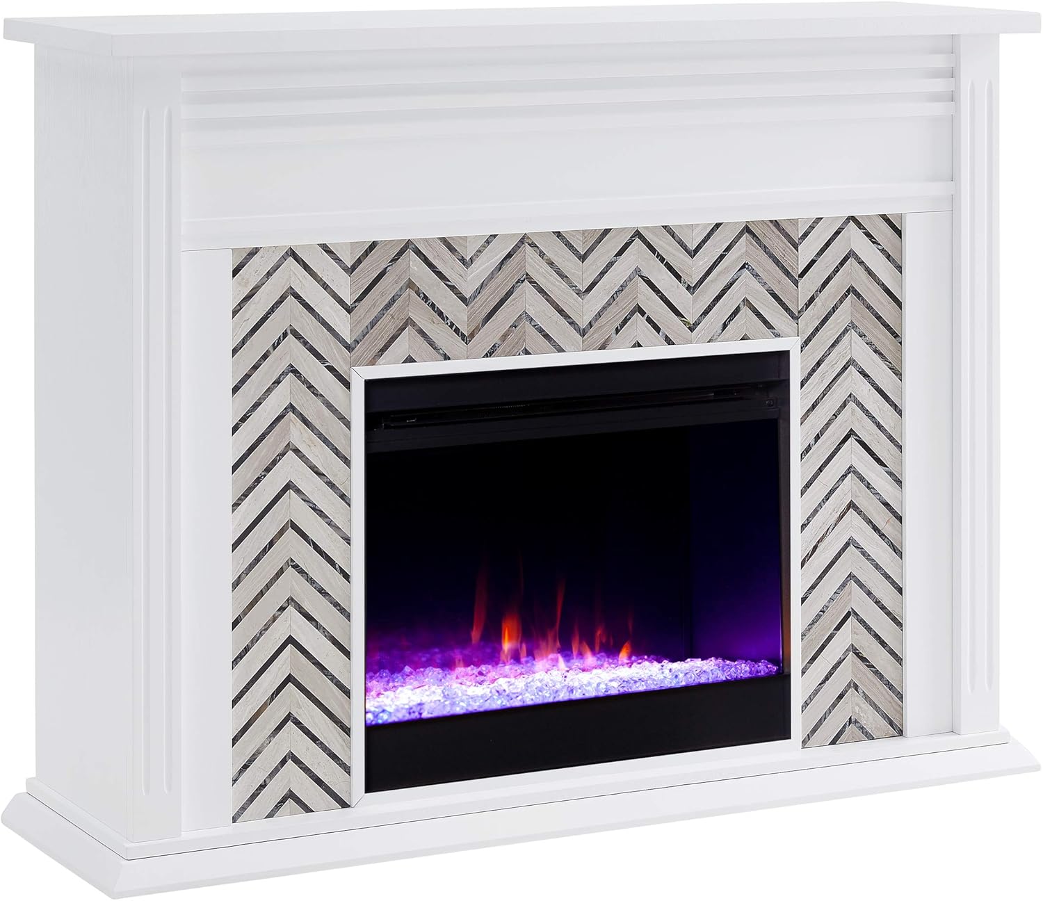 SEI Furniture Hebbington Carrara Marble Tiled Color Changing Electric Fireplace, White/Gray
