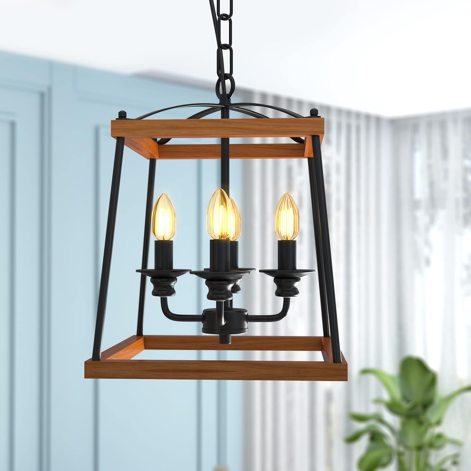 FukiFuki Farmhouse Pendant Light, Wood Lantern Pendant Light in Black and Wood Finish, Adjustable Industrial Metal Light Fixture for Kitchen Island, Dining, Living Room(4 Light)