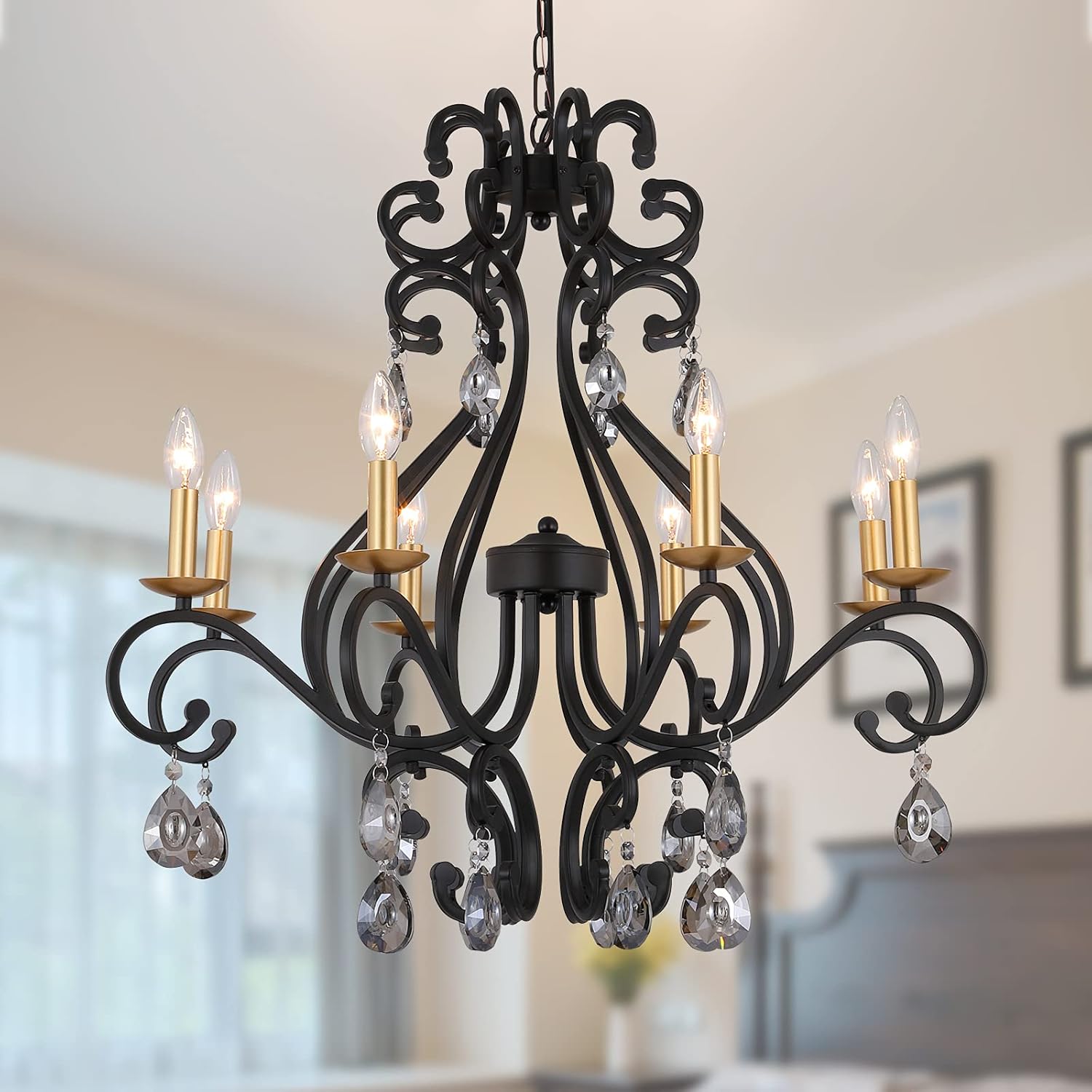 Q&S Black and Gold Antique Vintage Chandelier, 8-Light Candle Crystal Chandeliers Light Fixtures for Kitchen Dining Room Foyer Living Room,Smoky Gray Crystal