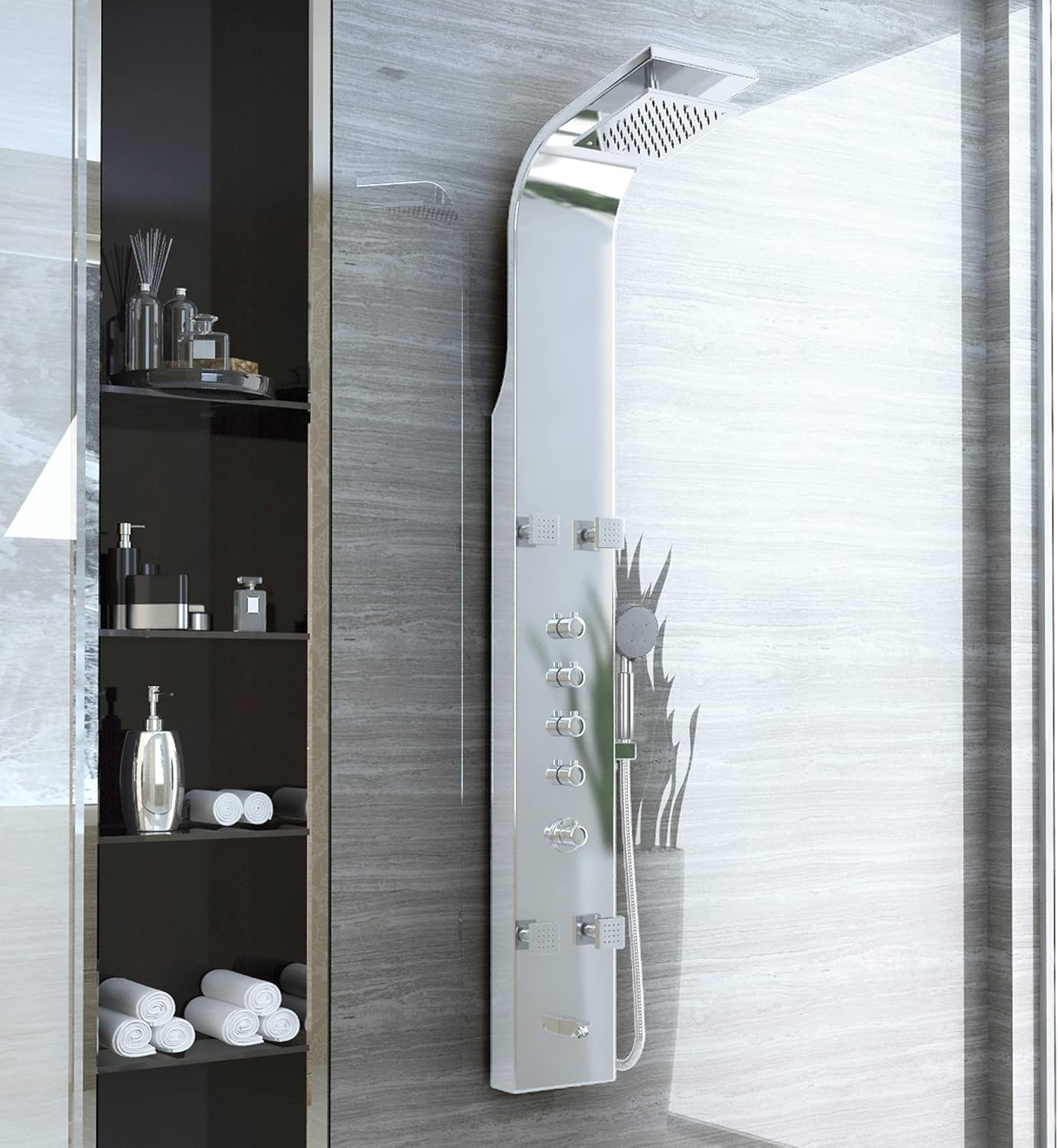 ANZZI Aura 2-Jetted Shower Panel with Heavy Rain Shower & Spray Wand in Matte Black | Waterfall Shower Head Multi Function Shower Tower | Easy Retrofit Design for DIY Installation | SP-AZ078MB