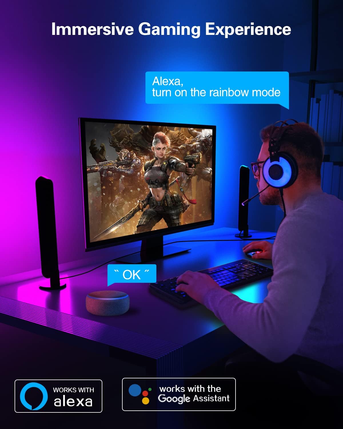 Ambient Lighting, Immersion Gaming Lights, Dynamic Rainbow Effect TV LED Backlights with Music Sync, Juylux RGBIC Light Bars Works with Alexa & Google Assistant for PC TV Gaming Room Decoration-2PC Pack of 2