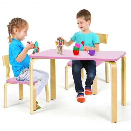 Costway 3 Piece Kids Wooden Activity Table and 2 Chairs Set-Pink