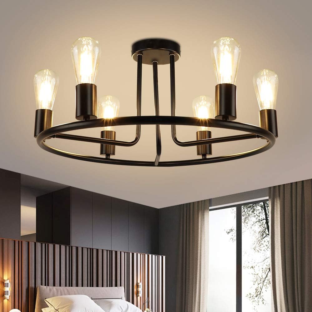 DLLT Black Metal Wagon Wheel Semi Flush Mount Ceiling Light Fixture， Rustic Farmhouse Ceiling Lighting, Industrial Ceiling Lamp for Kitchen Living Dining Room Bedroom Foyer