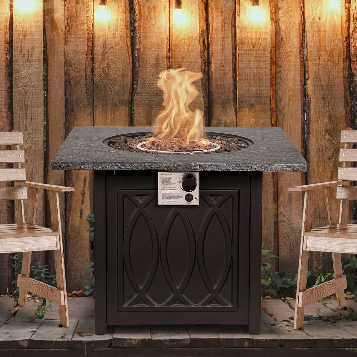 ASYA 32 Inch Square Propane Fire Pit Table, 50,000 BTU Gas Fire Pit with Lid, Fire Table for Outside Patio, Garden, Backyard, Weather Cover & Lava Rocks, Rock-Like Appearance