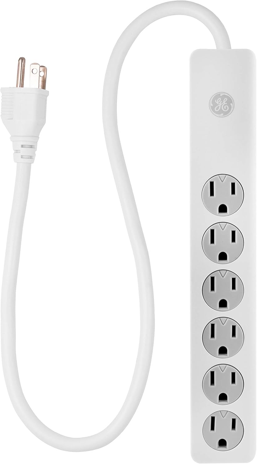GE 6-Outlet Surge Protector, 2 Pack, 20 Ft Extension Cord, Power Strip, 800 Joules, Flat Plug, Twist-to-Close Safety Covers, Protected Indicator Light, UL Listed, White, 54653 Pack of 2