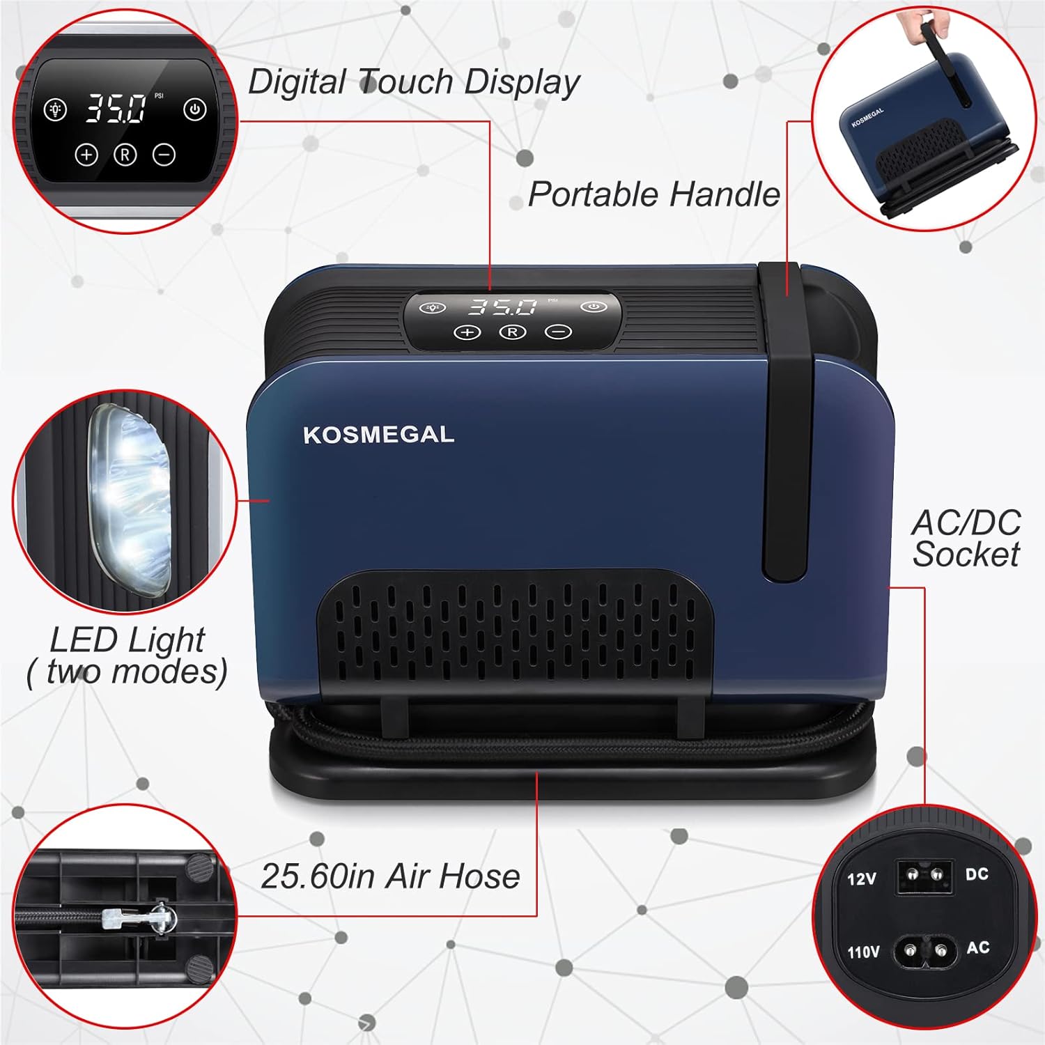 kosmegal Tire Inflator Portable AC/DC Air Compressor with Digital Pressure Gauge, Electric Tire Pump for Car Tires 12V DC and Other Inflatables at Home 110V AC (Blue) Pack of 2