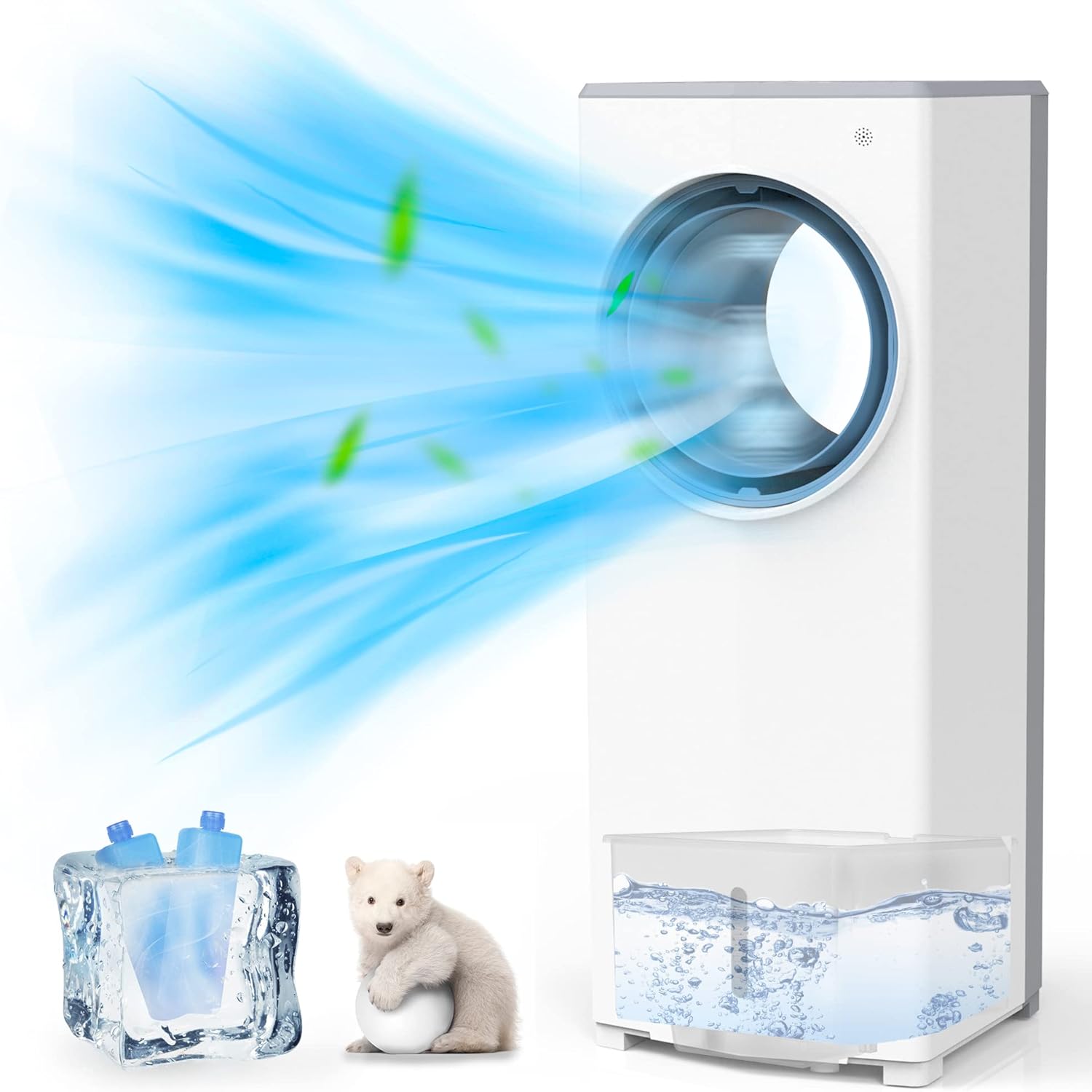 Evaporative Air Cooler, 3-in-1 Portable Bladeless Cooling Fan, Evaporative Cooler with Humidification, 3 Modes, 3 Speeds, Water Tank Washable, 2 Ice Packs, Remote Control, 7H Timer, Air Cooler Fan for Indoor