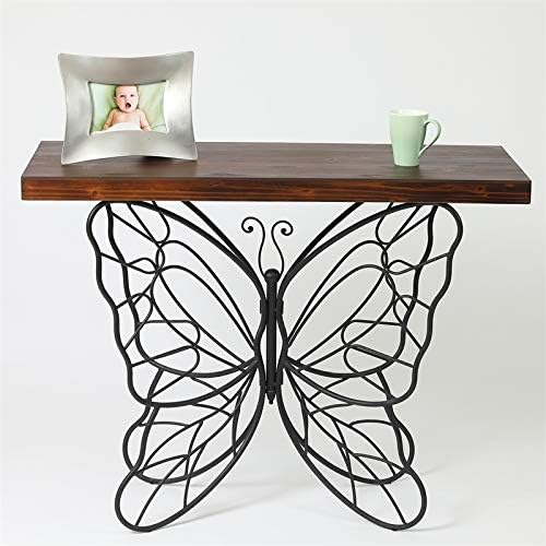Pemberly Row Luxen Home Dark Wood Tabletop Black Metal Butterfly Accent Table