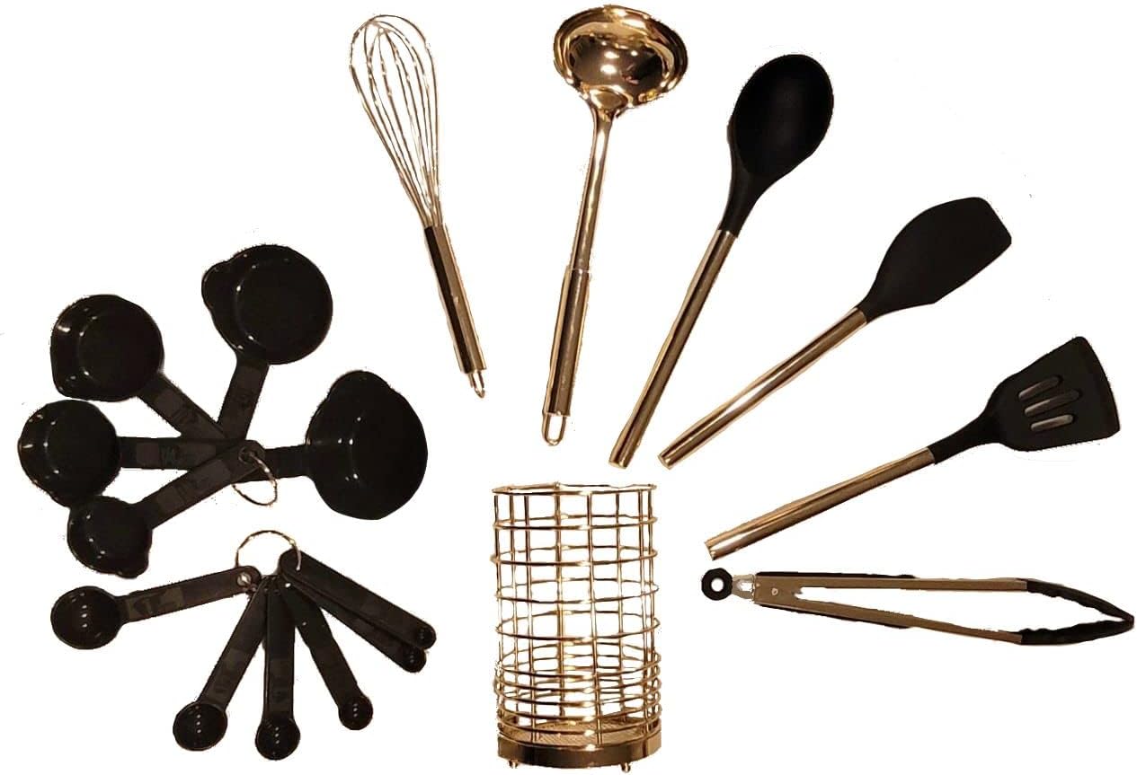 Zenush Golden and Black Silicone Kitchen Utensil,17 Pcs Kitchen Essential,Utensil Set With Holder,Luxury Kitchen Accessories Non Toxic,BPA Free,Heat Resistant,Non-Stick Utensils Set