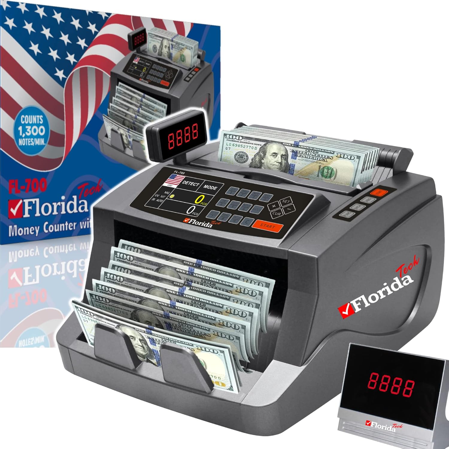 FLORIDA TECH Money Counter machine with Manual Value Count US currency UV/MG/IR Counterfeit Detector, Add & Batch Modes, Fast Counting Speed 1,300 Notes/Minute. Large Colored Display. US-Based Support