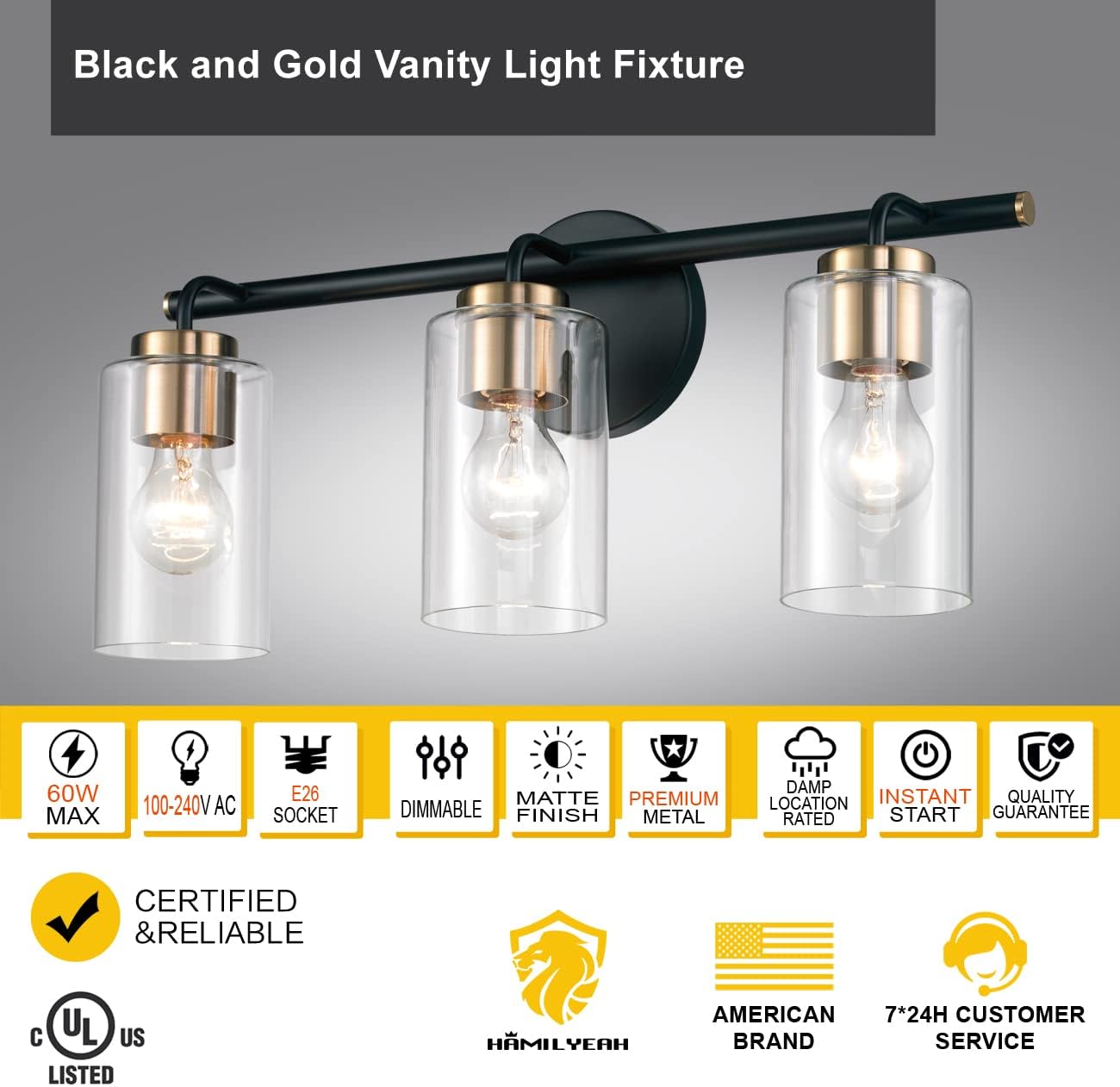 Hamilyeah Black and Gold Bathroom Vanity Light Fixture Over Mirror, 3 Light Wall Sconce Lighting Fixture Black, Industrial Lighting Fixture for Bath, Kitchen, Living Room, Fireplace, UL Listed