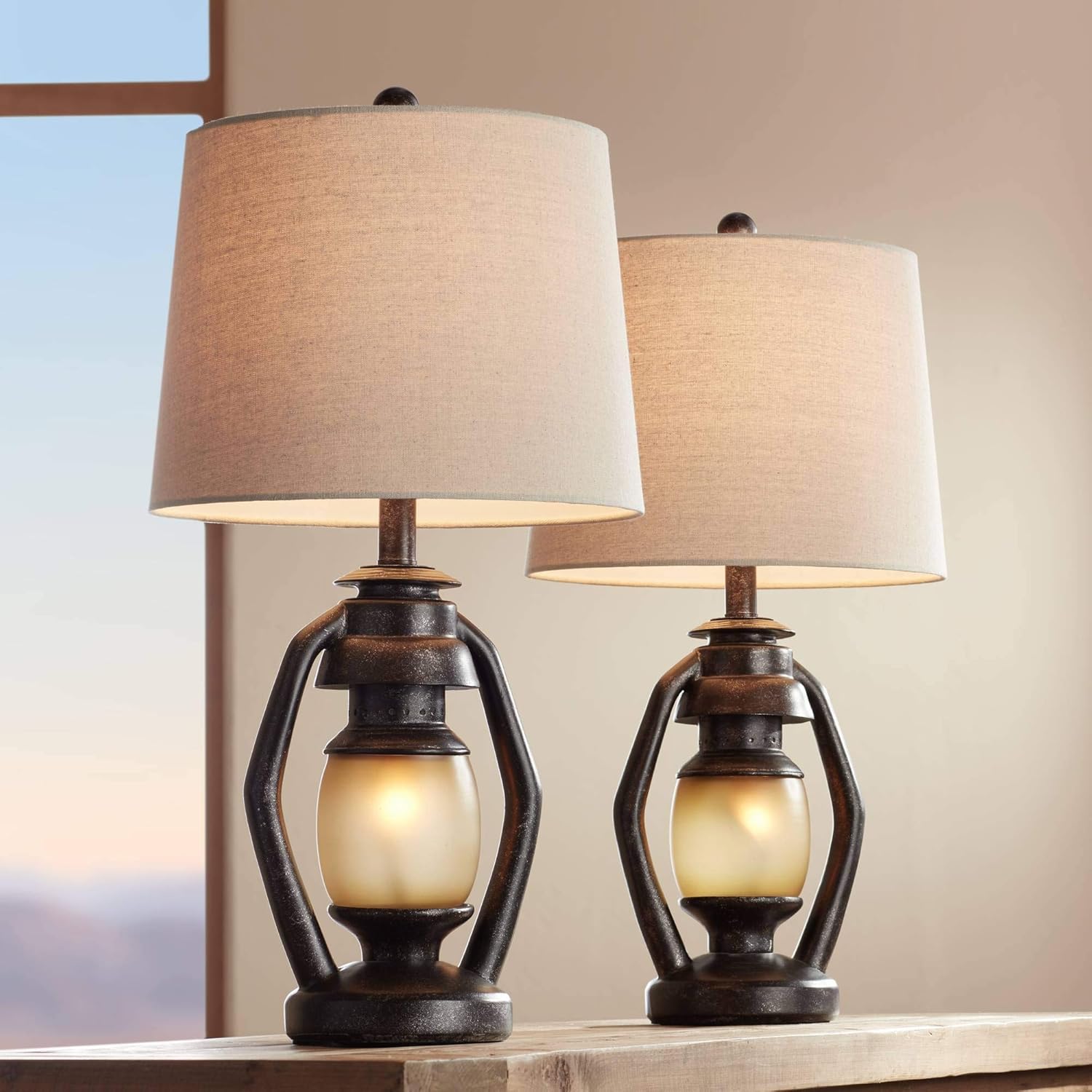 Horace Rustic Farmhouse Table Lamps Set of 2 with Nightlight Miner Lantern Brown Oatmeal Tapered Drum Shade for Living Room Bedroom House Bedside Nightstand Home Office Family - Franklin Iron Works
