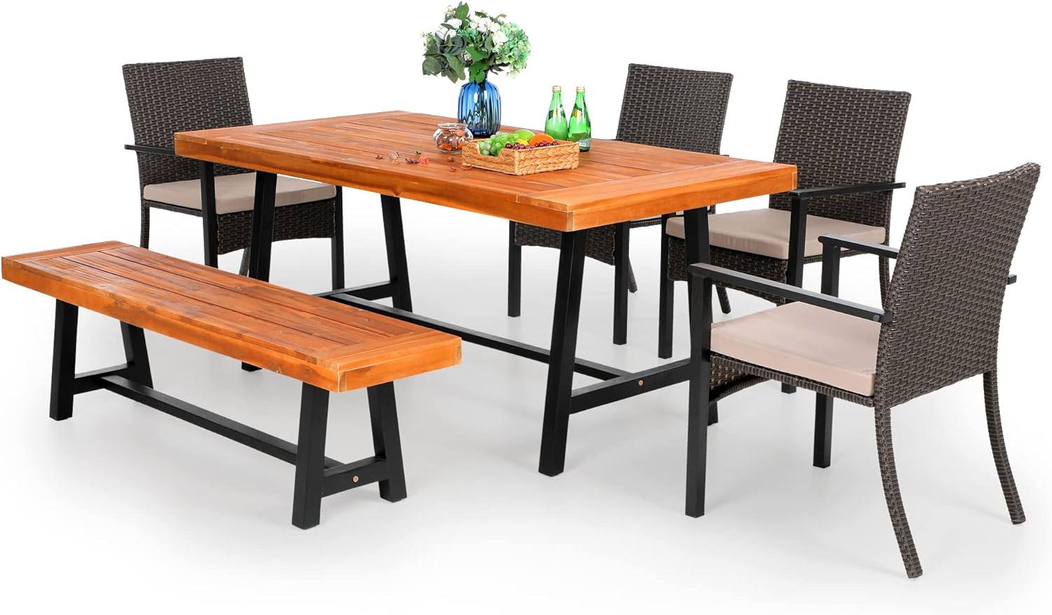 PHI VILLA 6 PCS Outdoor Dining Set, 1 Acacia Wood Table & 4 Cushioned Rattan Chairs & 1 Wooden Bench, Dining Furniture Set for Patio, Porch, Deck, Yard