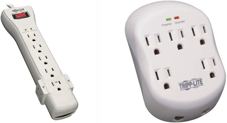 Tripp Lite 7 Outlet Surge Protector Power Strip, Ivory & 3 Outlet Portable Surge Protector Power Strip, Direct Plug in, 2 USB, & $5,000 Insurance (SK30USB) Black