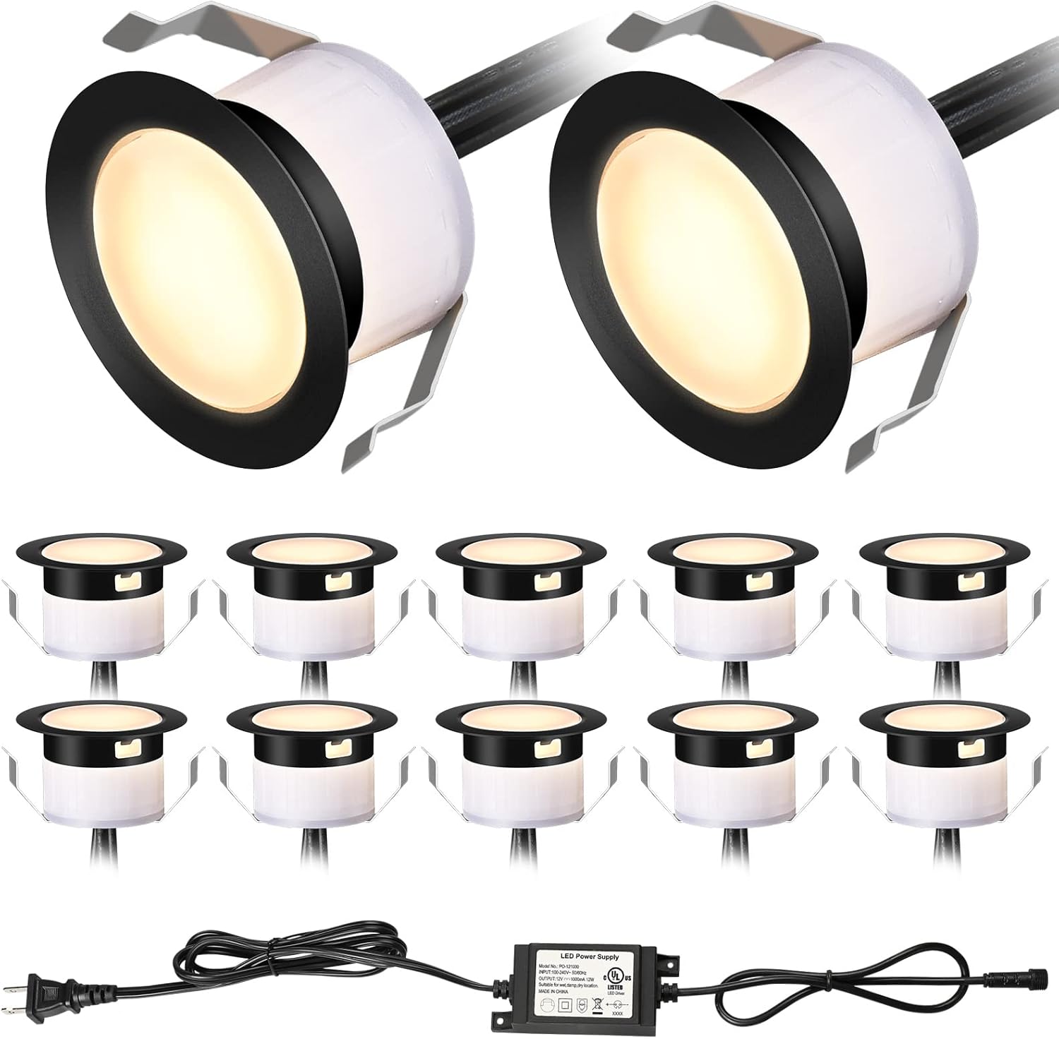 LED Deck Lights Kit 12 Pack Warm White, 12V Low Voltage &phi;31mm Recessed Deck Lighting IP67 Waterproof Outdoor, In Ground Landscape Lighting Lamp for Step Stair Patio Pathway Garden Decor, Black