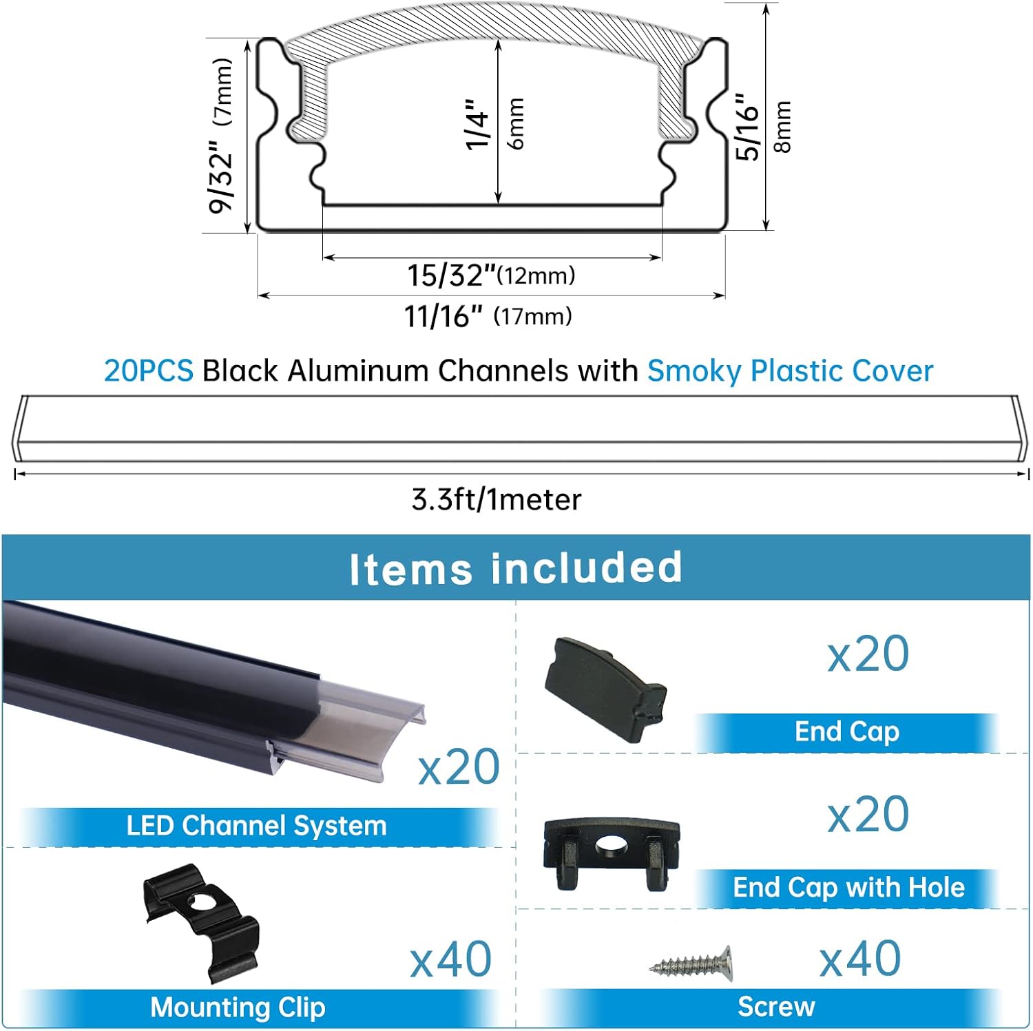 Muzata 20Pack 3.3FT/1M Black LED Channel System with Crystal Smoke Black Transparent Clear Cover Lens,Aluminum Track Housing Profile for Strip Tape Light with, U Shape U1SW BB 1M, LU1