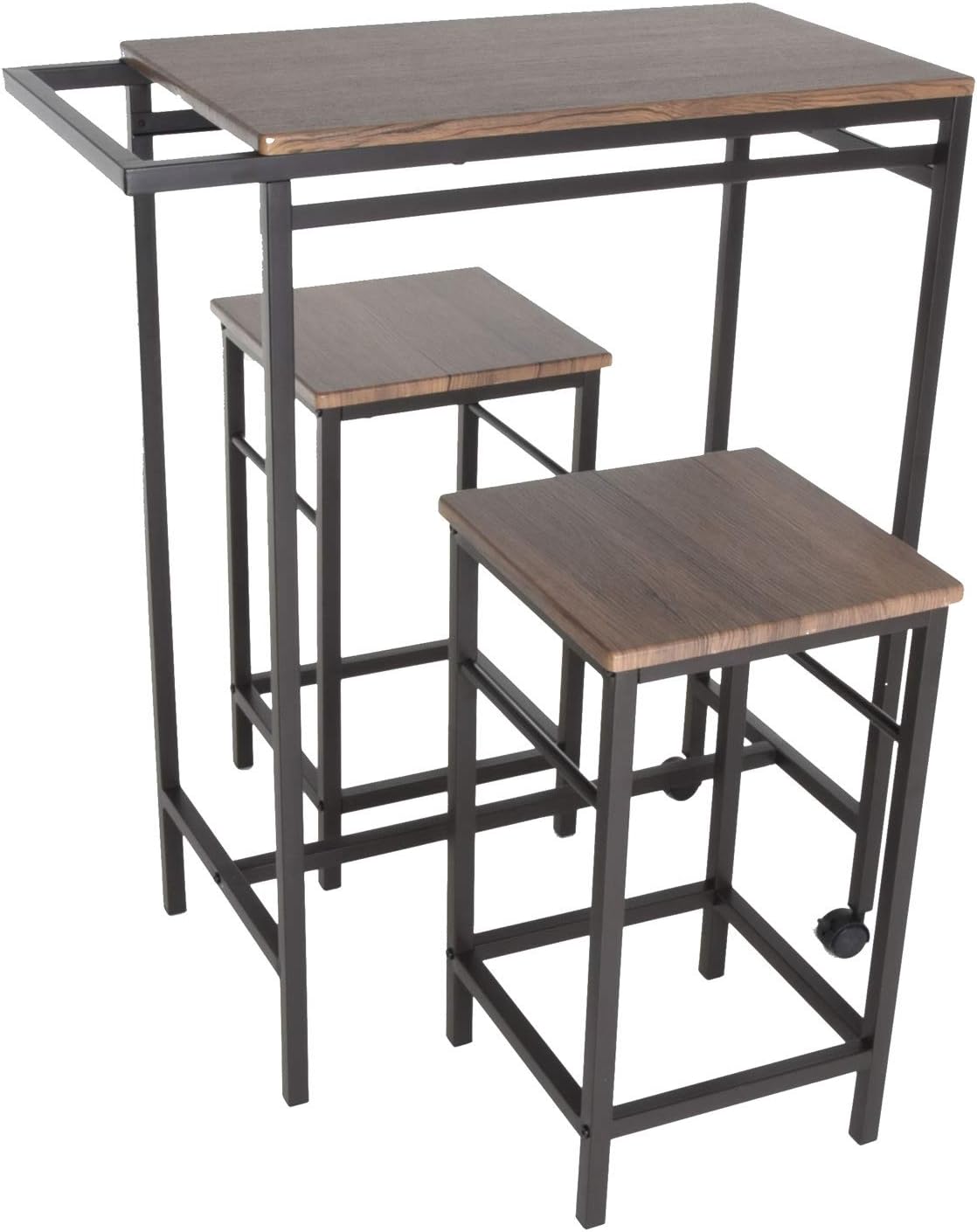 Zenvida 3 Piece Pub Table Set Breakfast Cart with 2 Stools Wood Counter Height Space Saver Mobile Kitchen Island