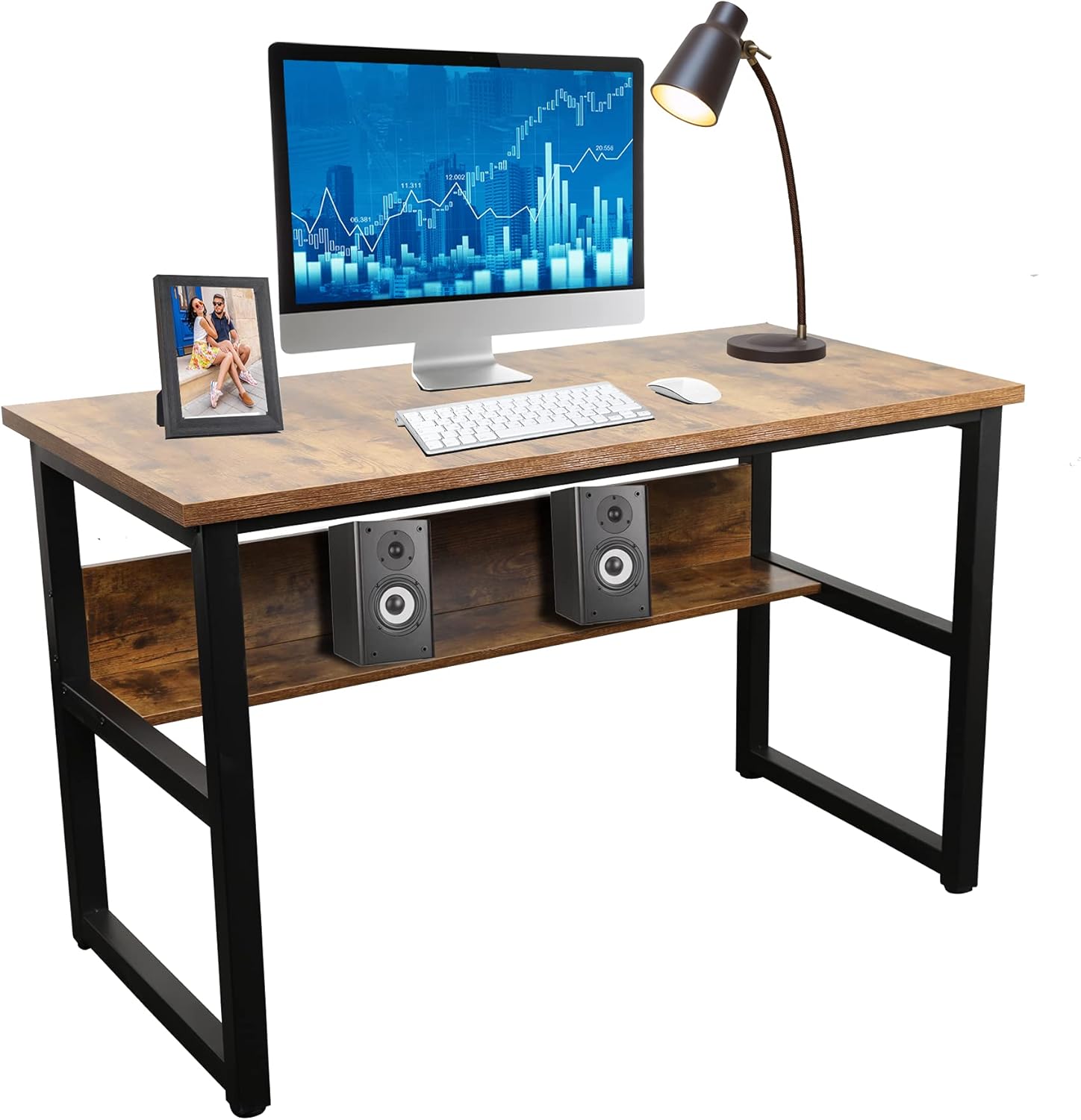 Halter Computer Desk with Storage Shelf, Modern PC or Laptop Work Writing Gaming Desk, Home Office Desk Table for Small Spaces, Natural Wood Desk, Black Metal Frame, 55 Inches