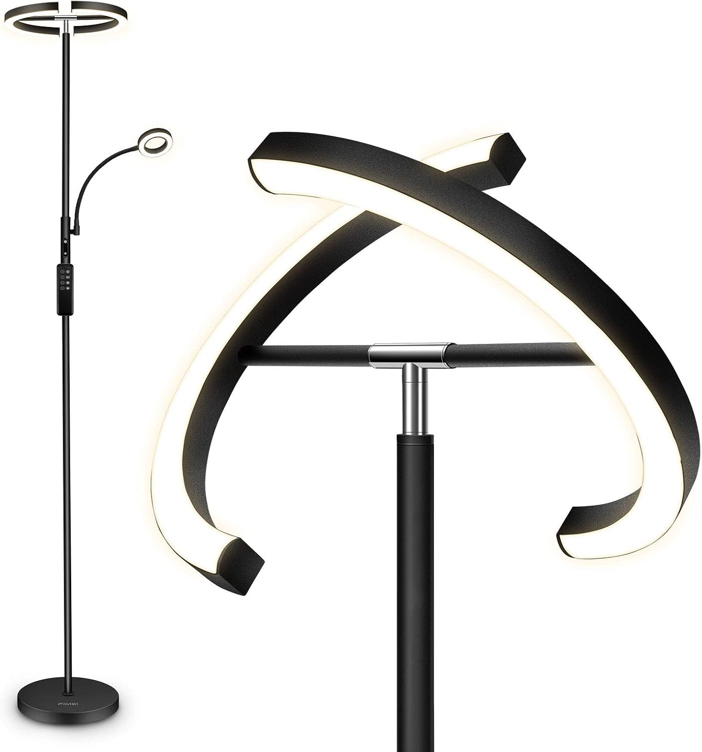 FIMEI Floor Lamp, Modern LED Rotatable Floor Lamp with Reading Light, Standing Lamp with Stepless Dimming and 3000K-6000K Color Temperature, Touch and Remote Control (Black)