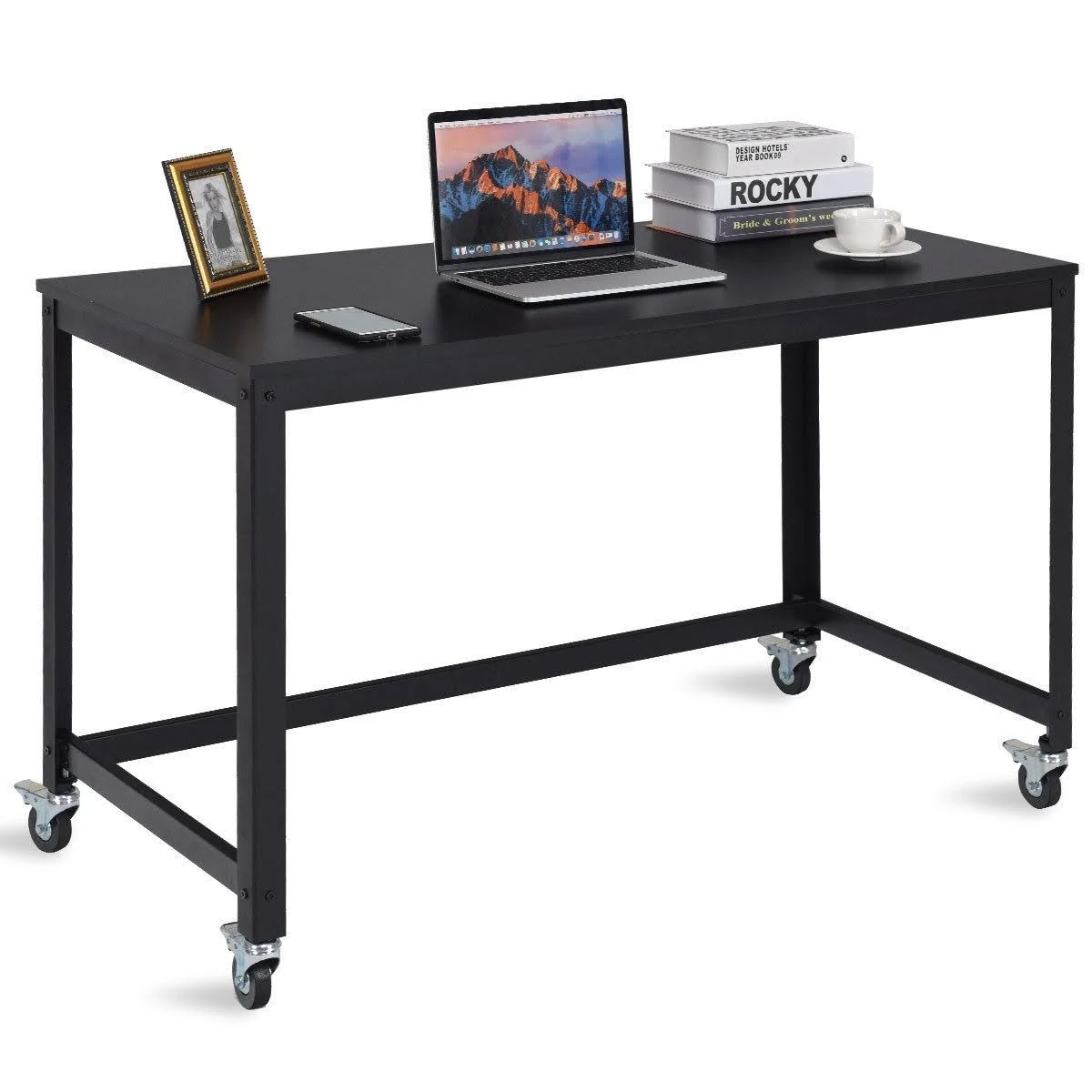 Costway Wood Top Metal Frame Rolling Computer Desk Laptop Table - Black