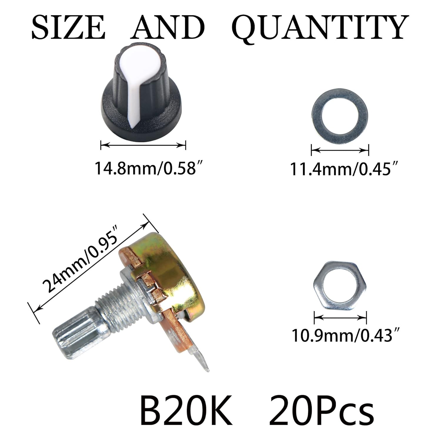 20K Ohm Potentiometer 20 Set B20K Linear Taper Adjustable Rotary Potentiometer 3 Terminals Single Linear HighPrecision Variable Resistor with Konbs, Nuts and Washers Pack of 2