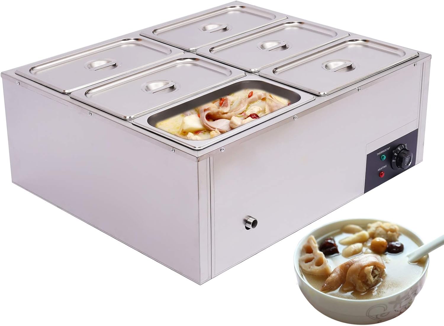 6-Pan Countertop Food Warmer Electric Steam Table For Buffet Commercial Stainless Steel Buffet Steam With 6 Stainless Steel Covers 110V 850W 7L Large Capacity (6 Pan/7L)