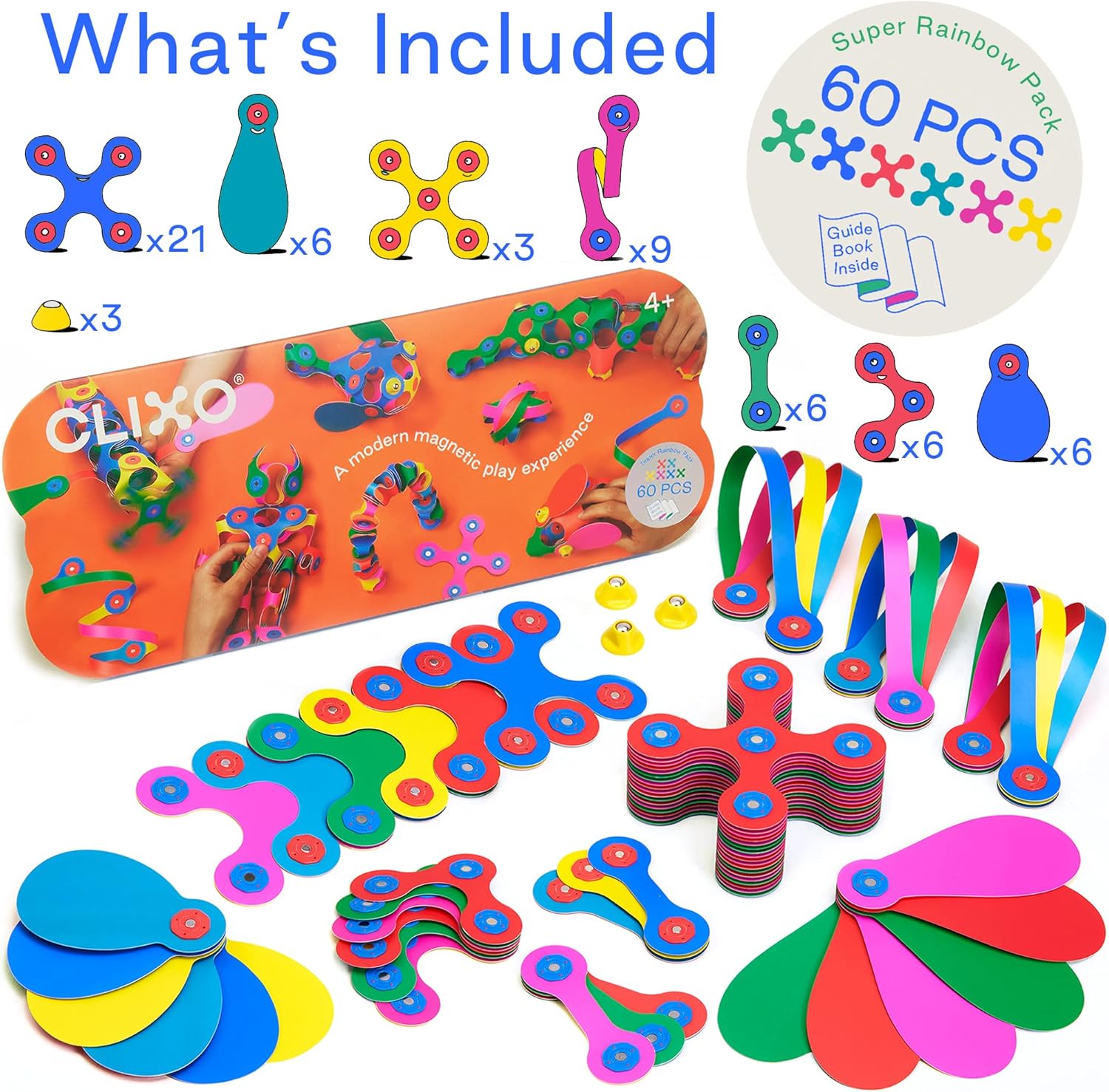 Clixo Super Rainbow 60 Piece Pack - A Versatile, Travel Friendly Magnetic Building Toy, Flexible Design for Hours of Fun Creative STEM Play, Great Gift for Curious Kids Ages 4-8