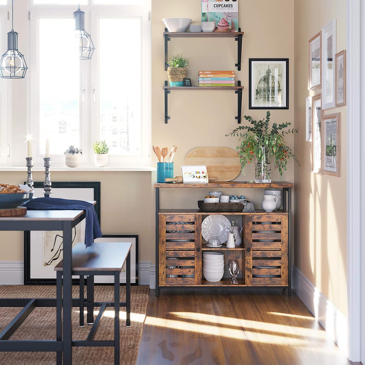 VASAGLE Storage Sideboard, Buffet Table, Kitchen Cabinet, Freestanding Console Table with Cupboard, Shelves, Louvered Doors, for Dining Room Living Room Entry Bedroom, Rustic Brown and Black ULSC79BX