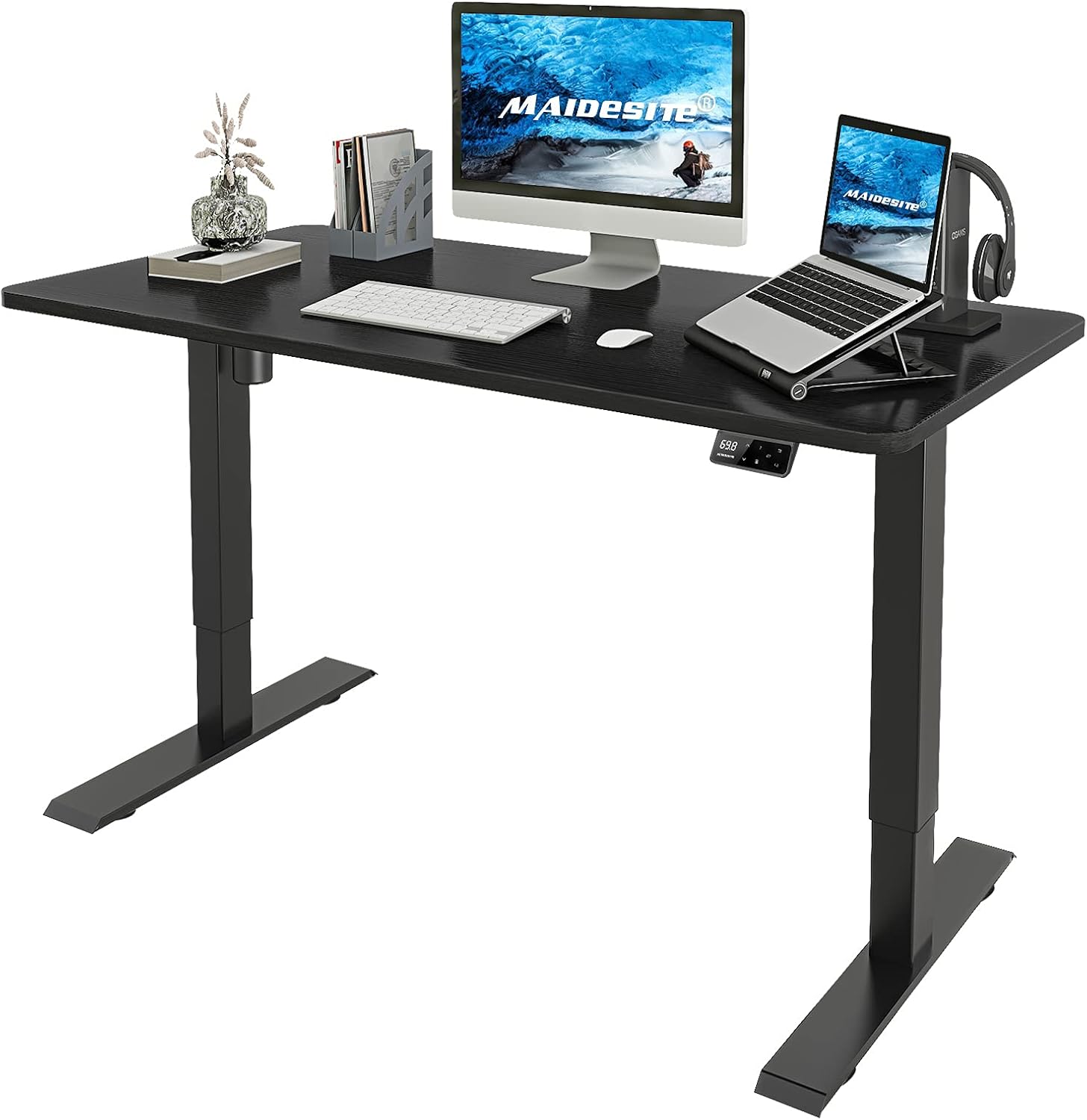 MAIDeSITe Adjustable Height Electric Standing Desk, Ergonomic Stand Up Desk for Home Office, Sit Stand Desk with 48 x 24 Inch Whole Piece Board, Quick Assembly Adjustable Table, Black Frame/Black Top