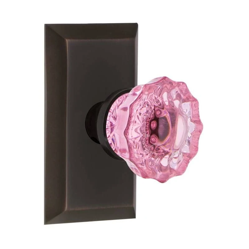 Nostalgic Warehouse Studio Plate Privacy Crystal Pink Glass Door Knob in Timeless Bronze